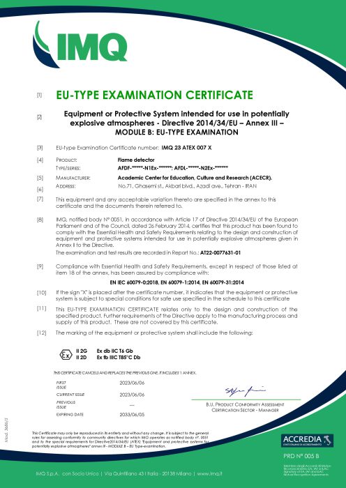اخذ گواهینامه EU-Type Examination از شرکت IMQ اتحادیه اروپا توسط مرکز خدمات تخصصی اپتیک